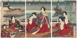onna-musha:“Meiji empress and court ladies viewing the moon” (1890), Toyohara Kunichika (1835-1900)