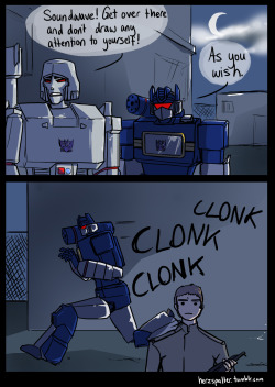 herzspalter:  This is my favorite thing about G1: giant robots trying to be stealthy. I don’t know how often this has been drawn, but I thought it couldn’t hurt to add another one. 