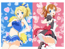 animeauthority:  Eli Ayase &amp; Honoka Kousaka (Love Live! School Idol Project)Illustration by takayaki
