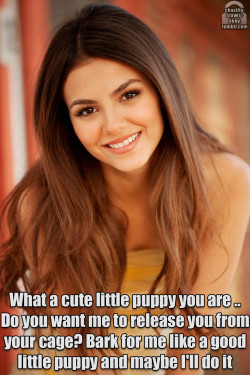 chastity-slaves-obey:  Anonymous:Can you do a victoria justice caption about doggy play?