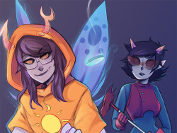 whatpumpkin:  Thank you to ikimaru for this beautiful and charming portrayal of Terezi vs. Vriska for our 2015 Homestuck Calendar. scene start | *other junk happens… theeen* | scene end  thank you guys for inviting me to the calendar!! 8&rsquo;)