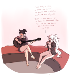 rwby!rock au doodles also from the stream! weiss being gay wearing blake’s shirt and lowkey singing to blake on the tour bus and blake is like omgmanager uncle qrow is suffering