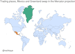 coffee-with-kat:  whowhatwhenwhereandwhynot:  peteseeger:  mapsontheweb: Trading places; Mexico and Greenland swap place in the Mercator Projection.  This is fucked up   Map to illustrate the true size of countries   