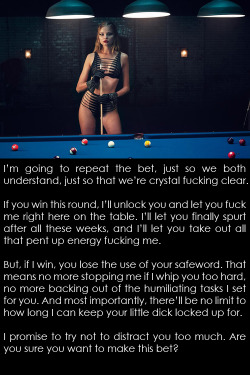 clickthelock: I’m going to repeat the bet, just so we both understand, just so that we’re crystal fucking clear. If you win this round, I’ll unlock you and let you fuck me right here on the table. I’ll let you finally spurt after all these weeks,