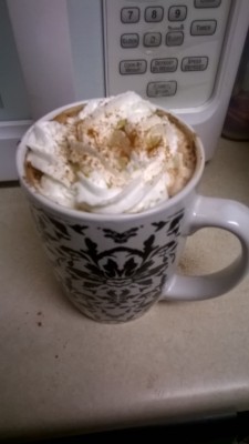 I make the best damn hot chocolate:)Heat mug of milk for 2 minutes in the microwave. Add powdered hot chocolate mix, add half a teaspoon of cocoa powder, a drop of caramel, and stir well. Add whipped cream on top and sprinkle with cinnamon