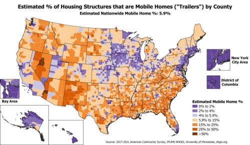mapsontheweb:  Map of the Estimated % of Housing Structures that are Mobile Homes (“Trailers”) by County An estimated 5.9% of all housing structures nationwide are mobile homes. Areas in orange have an above average (&gt;5.9%) % of mobile homes, areas