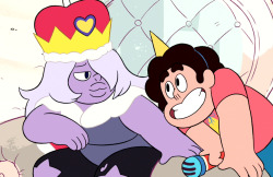 graceybird:  artemispanthar:  In “So Many Birthdays”, when Steven is talking about how his dad made him that costume and how it brings him special birthday luck, and Amethyst makes this face which is just… I dunno, it’s very “wow, you’re too
