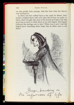 samilarities:   J.K. Rowling’s official site has just been updated with a look inside the annotated first edition of Harry Potter and the Philosopher’s Stone auctioned off just days ago at Sotheby. Check out this image of Snape drawn by the creator