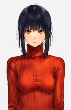 abaslev:  1girl black hair blush bust expressionless lips long hair looking at viewer makimura shunsuke original payot red eyes ribbed sweater simple background solo sweater white background