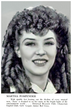 Lilly Christine          aka. “The Cat Girl”..An 18 year-old Martha Theresa Pompender poses brightly for her “Class of ‘42″ graduation photo.. Her Dunkirk-NY high school correctly predicted her forthcoming success in showbiz. But in point-of-fact,
