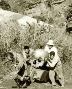 Pitcairn Island, New Zealand - 1934. Local farmers are trying to hide pieces of a giant skeleton found near &lsquo;Christians cave&rsquo;. Three of the men were later found dead under strange circumstances. The forth man disappeared soon after this photo