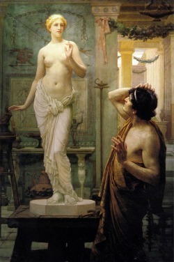 books0977:  Pygmalion and Galatea (1886). Ernest Normand (1859–1923). Atkinson Art Gallery. The antique model for the body of Pygmalion’s statute was the Venus de Milo, a figure of Aphrodite in the Louvre of circa 100 BC, which Normand had seen
