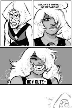 winters-shade:  Silly little doodle comic about gem teeth! I imagine Peridot has pretty sharp, teeth but I imagine Amethyst’s has a more ‘foo dog’ look to them, and are overall more intimidating xD 