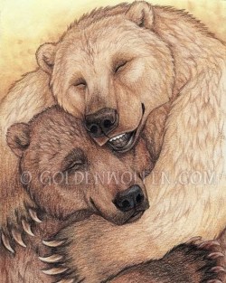 bearlyfunctioning:  goldenwolfen: “Bear Hug” by Christy “Goldenwolf” Grandjean | www.goldenwolfen.com Watercolor and colored pencil on 8 X 10 bristol paper. 2010. Prints available: http://www.etsy.com/shop/goldenwolfart?section_id=19697764 #bear