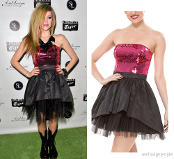avrillavignestyle: Goodbye lullaby releasing album party 2011   Betsey Johnson – Peggy Sue Strapless Dress | 蹌 no longer available online worn with: tarina tarantino Supercharm Waterfall Necklace and dr martens boots 