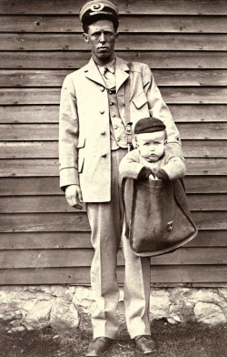 After parcel post service was introduced in 1913, at least two children were sent by the service. With stamps attached to their clothing, the children rode with railway and city carriers to their destination.