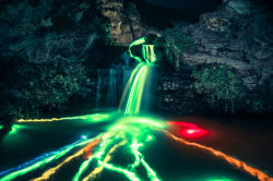 Like a freak midnight rainbow, this is a photography series of waterfalls titled Neon Luminance, part of a collaboration between Sean Lenz and Kristoffer Abildgaard. The duo dropped high-powered (and non-toxic) glow sticks into various waterfalls in