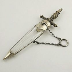 roses–and–rue: Extremely unusual Victorian perfume bottle in the shape of a sword, fitted with a ring to hang from a chatelaine.