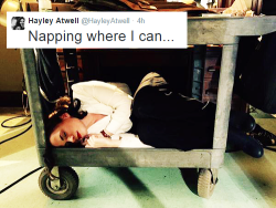 peanutbucky-blog-blog:  Perfect angel Hayley Atwell napping where she can on Agent Carter’s set. 