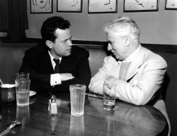 historicaltimes:  Orson Welles and Charlie Chaplin having a lunch together at the Brown Derby in Hollywood in March 1947 via reddit   Welles: RosebudChaplin: [is silent]