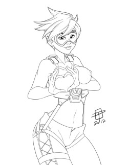 pinupsushi:Lineart commission for @stardragon77 of a Tracer Oppai Heart pose.