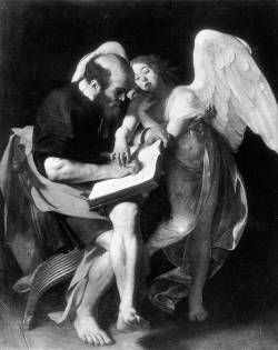Caravaggio (Michelangelo Merisi, 1571-1610); San Matteo e l’angelo (St Matthew and the Angel), 1602; oil on canvas, 232x183 cmThe painting was destroyed in the fire at the Flakturm Friedrichshain in Berlin (5-10 May 1945). No colour reproduction exists.