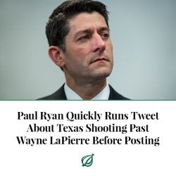 theonion:WASHINGTON—In an effort to avoid a potentially disrespectful or insensitive response, House Speaker Paul Ryan reportedly quickly ran a tweet about the Texas mass shooting past Wayne LaPierre before posting the message, sources confirmed Monday.