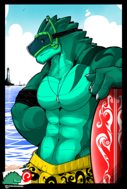 aliensymbol:    It’s Summer Time! Paul is ready to jump into the sea! He took his diving mask and his surfboard to enjoy even more some nice moments between the waves! The more we are in the water the funnest it is! So the green gator look nicely at