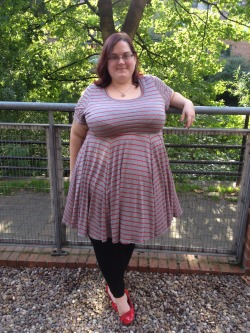deathfatties:  Me! I’m a deathfat high femme queer woman, I live in South Yorkshire and I’m looking a complete babe in this grey and red striped skater dress from everything5pounds.com.  Rebecca