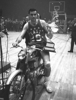 siphotos:  Jerry Lucas poses with the motorcycle and MVP trophy given to him after the NBA All-Star Game on Jan. 13, 1965 at Kiel Auditorium in St. Louis. The 1963-64 Rookie of the Year, seven-time All-Star and Hall of Fame power forward turned 75 years