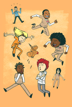 oitnb-art:  chrstnmchll:  Some of my favs, Pornstache, Piper, Poussey, Taystee, Crazy Eyes, Red, Alex, and the feisty chicken. View it better here.  OITNB zero gravity edition! 