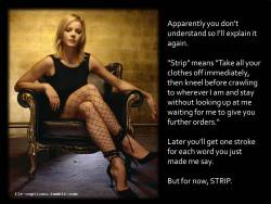 flr-captions:  Apparently you don’t understand so I’ll explain it again. &ldquo;Strip&rdquo; means &ldquo;Take all your clothes off immediately, then kneel before crawling to wherever I am and stay without looking up at me waiting for me to give you