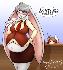 madamsquiggles:    Birthday present for riddleaugust ! Morgan has a tattoo that impregnates her when someone thinks about her.. very fondly. And Madam does that a lot. Oops.   