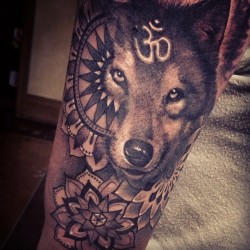 londonreese:  Well, howl about that? I did this wolf on a rad girl who drove down from the central coast of California. Thanks so much for being awesome and sitting so well, Angela! This tattoo was insanely fun. #intenze #prophetsandpoets #bishoprotary