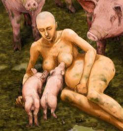 caucasianplantation:  Caucasian swine fulfils its role as surrogate pig mother to porcine infants. The humiliation of the white race is complete.  