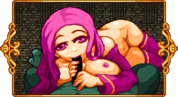 Pixel art splash screen from the Succubus hentai sex game of the succubus sucking on a goblin monster cock while smashing her big breast beneath his loins.