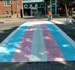 realtransfacts:“Lethbridge, in the region of Alberta, Canada, just voted to become what is believed to be the first city ever to have a permanent transgender pride flag painted on its streets.”