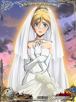 Special bride Historia card (”Pure White Goddess”) from the SnK x Holy War Cerebus game collaboration event, which begins on March 23rd! (Source)This is actually the clearest version of this image we’ve seen so far!