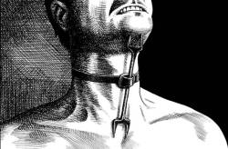serialkilling-things:  Heretics Fork: A medieval torture device which consisted of a two-sided fork. A person wearing it couldn’t fall asleep. The moment their head dropped with fatigue, the prongs pierced their throat or chest, causing great pain. This