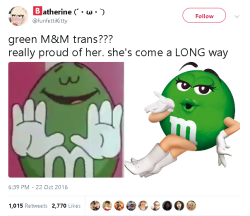 0nighthawk0:  gahdamnpunk: Reblog to make a transphobe uncomfortable eating M&amp;M’s They did the same with the Brown M&amp;M Clearly they’re together too, two happy Trans Women Lesbians. 