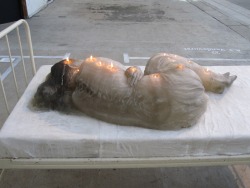 overthink:  A.F. Vandevorst installation for Arnhem Mode Biennale 2011 “A girl sleeping in a hospital bed in her A.F. Vandevorst dress. But here, the girl as well as the mattress and pillow are made out of candle wax. Once lit, what starts as a perfect