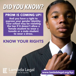 mistymontague:  queerwoc:  Did you know? Prom is coming up! And you have a right to express your gender identity. Your school may be violating the law if it doesn’t allow a female student to wear a tuxedo or a male student to wear a dress.  reblogging