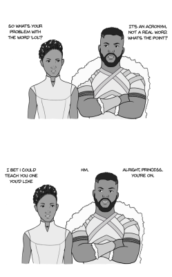 louislumbarcurve:  Shuri tells M’Baku DTF means Down To Fight - a convo I had with my sister(dash view of this is predictably terrible so it’s best to right click and open the images in a new tab or window ^^; )