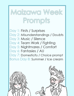 maizawaweek: Prompts for 2017 Day 1: Firsts / SurprisesDay 2: Misunderstandings / DoubtsDay 3: Music / SilenceDay 4: Team Work / FightingDay 5: Nightmares / ComfortDay 6: Fantasies / AUDay 7: Domesticity / Choice promptBONUS Day 8: Summer / Ice