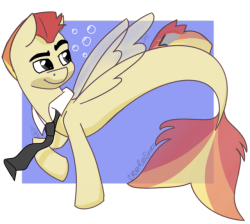 cadetredshirt:Jet Stream, father of Apogee and part of the Space Ponyoverse. He is now Merpony, but still keeps his tie because he looks really weird without it x’D thats a cute as heck jet
