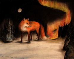 forestrolli:In Finnish, Northern lights are called “Lights of the Fox”. It comes from the old beliefs, that says the lights come from the fox tail hitting the snow.by Linda Piekäinen -&gt; her art page on Facebook