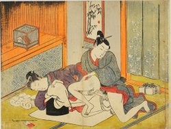 fujitsubohime:  Woman and a young man with quail in a cage, woman fulling cloth. A woman is a worker of picking cotton and a young man is a merchant of cotton. There is a account book behind young man. Manner/Style of: Suzuki Harunobu (鈴木春信) Attributed