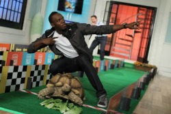 frantzfandom:   awisemanoncesaidnothing:  Usain Bolt posing with his winning tortoise at a tortoise race  are you telling me the fastest man in the world spends his free time racing slow ass animals   Is that Chris Pratt in the background??