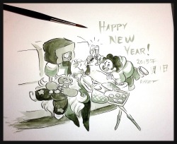 gracekraft:  Happy New Year everyone! Though it hasn’t quite hit here yet, I wanted to whip up a cute little SU pic to start off the new year and a new sketchbook. Only Garnet and Steven managed to stay up (Pearl got tired from baking so many cookies