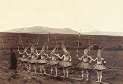 dame-de-pique:Unknown Photographer - Amanguba circumcision dance in Natal [now KwaZulu-Natal, South Africa], with a row of youths dressed in grass skirts, their heads concealed by grass hats and their bodies painted white.  All carry sticks in their